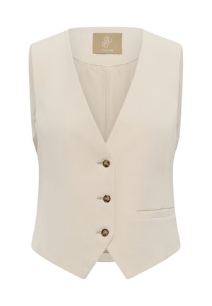 Veste sans manches couleur crème avec col en V, trois boutons marron et une petite poche sur le côté inférieur droit.