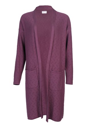 Long, open-front cardigan in a textured deep purple knit. Features two front pockets and dropped shoulder sleeves for relaxed fit.