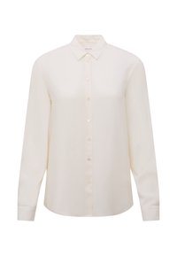 Long-sleeve, button-up cream shirt with a classic collar and cuffed sleeves, displayed on a plain white background.
