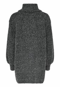 Pull surdimensionné en laine grise foncée texturée avec manches longues et col rond haut, vu de dos.
