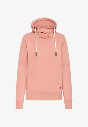 Roza dukserica s kapuljačom i V-izrezom, s nabranom kapuljačom, vezicama i rebrastim manžetama. Napravljena od mekog, teksturiranog materijala.