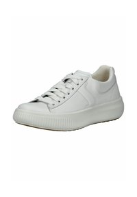 Sneaker bianco in pelle con punta tonda, suola in gomma testurizzata e lacci piatti. Presenta una superficie liscia e sottili accenti cuciti.