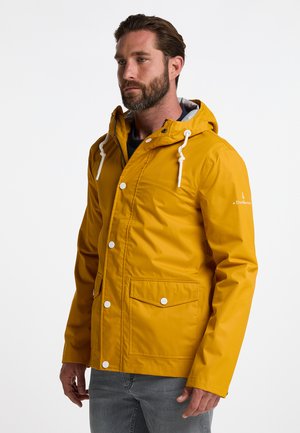Yellow waterproof jacket with a hood, white drawstrings, snap buttons, and two front pockets. Smooth texture and casual design.