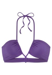 Värikäs bikinitoppi, jossa on säädettävät nauhat, kerättyjä kangasdetaljeja ja kolmion muoto. Silkkinen tekstuuri, puhtaat viivat ja minimalistinen muotoilu.