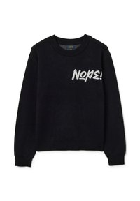 Maglione nero con collo a giro, caratterizzato da una grafica testurizzata bianca con la scritta "NOPE!" sulla parte anteriore, polsini e orlo a costine. Tessuto morbido.