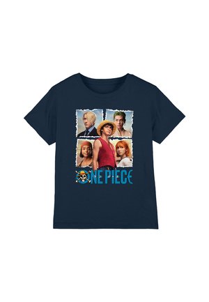 Navy blue t-shirt featuring a graphic of five characters from "One Piece," with a colorful logo at the bottom and a photo collage design.