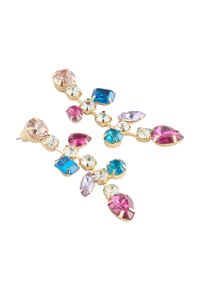 Boucles d'oreilles dorées ornées de cristaux de différentes formes en rose, bleu et clair. Présente des tailles mélangées : rondes, ovales et poires. Conçues pour l'élégance.