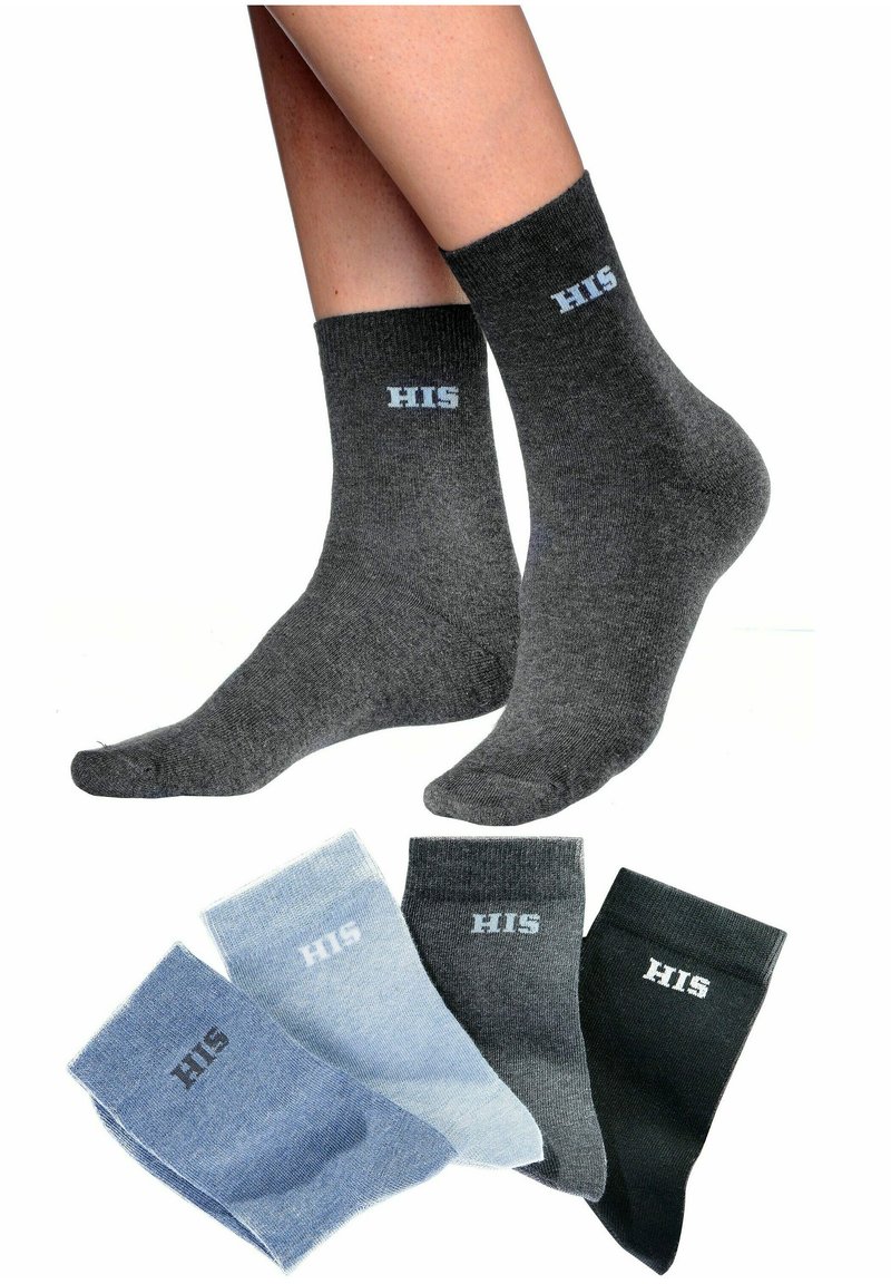 Calcetines de crew grises hechos de una mezcla de algodón, con "HIS" en azul claro. Incluye pares adicionales en gris claro y oscuro, azul y negro.