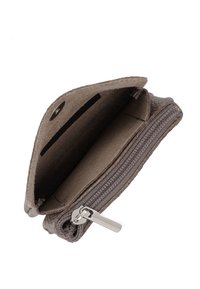 Coin purse, gray textured leather, zip closure, snap button, single compartment with smooth inner lining and a card slot.