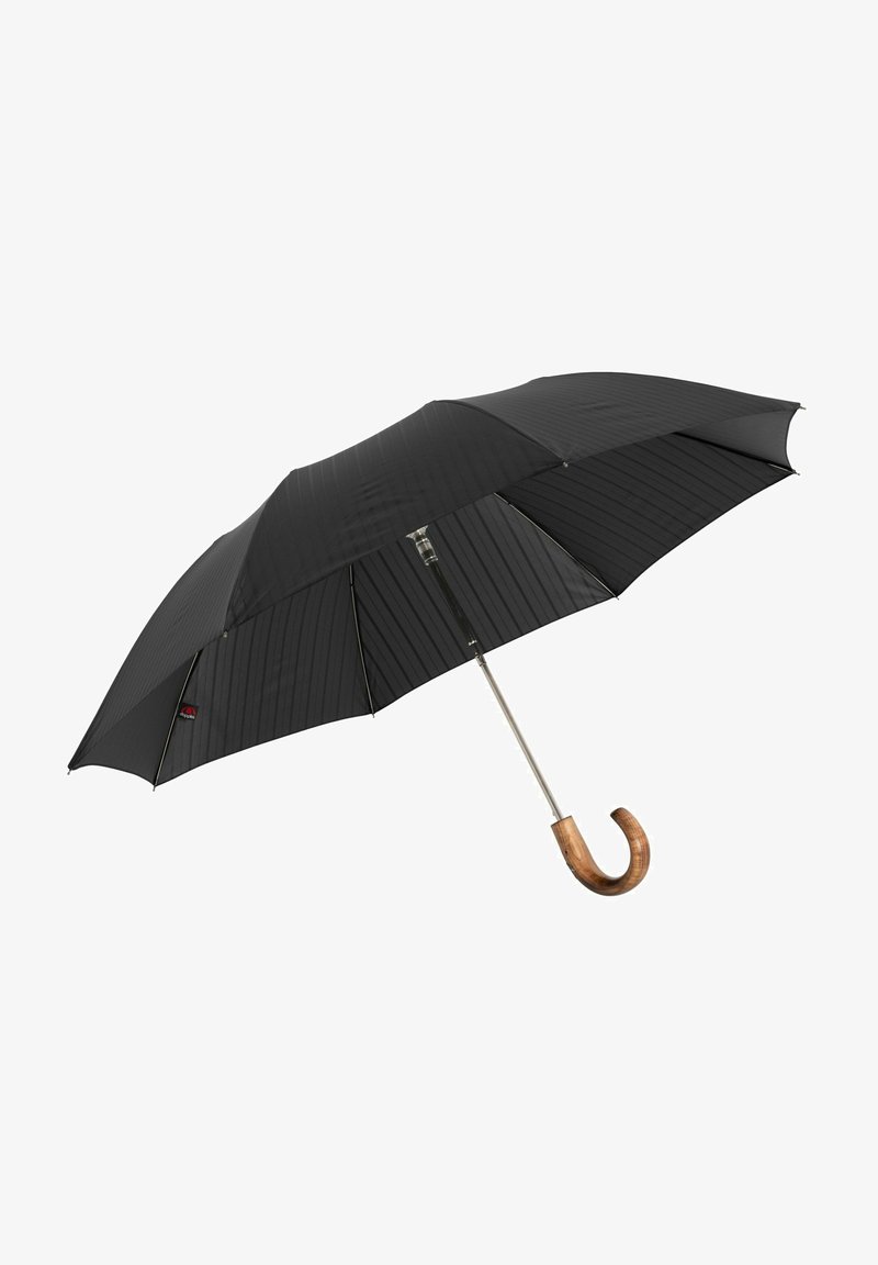 Schwarzer Regenschirm mit gerippter Textur, Metallrahmen und gebogenem Holzgriff. Verfügt über acht Segmente und ein kleines Logo auf dem Schirmdach.