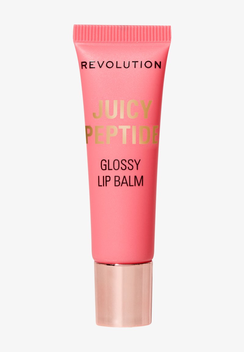 Rosa emballasje med en blank overflate og ribbet topp. Gulltekst som sier "JUICY PEPTIDE" og "GLOSSY LIP BALM." Metallbase.