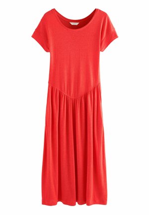 Rotes Midikleid mit kurzen Ärmeln, Rundhalsausschnitt und gerafftem Rockdetail an der Taille, aus weichem, leichtem Stoff gefertigt.