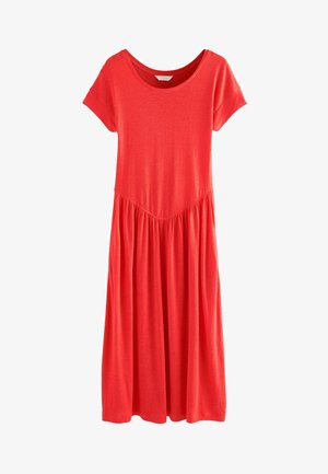 Rotes Midikleid mit kurzen Ärmeln, Rundhalsausschnitt und gerafftem Rockdetail an der Taille, aus weichem, leichtem Stoff gefertigt.