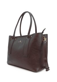 Borsa a spalla in pelle marrone con finitura testurizzata, doppio manico, dettagli dorati e tracolla removibile. Presenta un design pulito e strutturato.