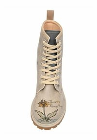 Beige lace-up boot with a textured surface, featuring floral designs and the text "There's Always Hope" on the side. Rubber sole.