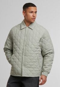 Hellgrüne gesteppte Jacke mit einem Rautenmuster, oversize Schnitt, Druckknöpfen und Kragen. Hat lange Ärmel und seitliche Taschen.