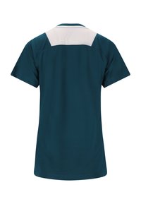 Teal träningströja med korta ärmar och en kontrasterande vit panel på övre delen av ryggen. Slät textur, rund hals och inga logotyper eller mönster.