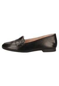 Schwarze Lederloafers mit glatter Oberfläche, runder Spitze und einem dezenten gestickten Akzent auf dem Blatt. Niederprofilige Gummisohle.