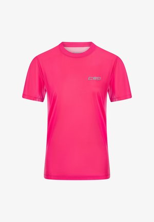 Bright pink short-sleeve athletic shirt with round neck and small reflective "cep" logo on the upper chest.