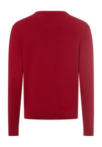 Roter Pullover aus einem glatten Strickstoff. Verfügt über einen runden Halsausschnitt, lange Ärmel und gerippte Bündchen sowie Saum. Einfaches Design.