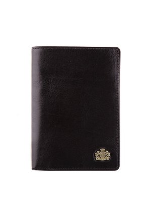 Black leather wallet with a smooth texture, featuring a gold emblem detailing at the bottom right corner. Rectangular shape, minimalist design.