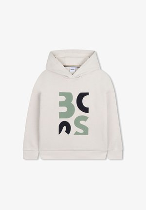 Sweat à capuche gris clair, mélange de coton, avec un graphisme audacieux en lettres vert foncé et noires. Poche kangourou classique, poignets et ourlet côtelés.