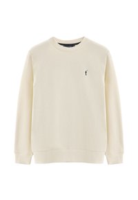 Felpa beige chiaro con collo a giro, maniche lunghe, polsini a costine e un piccolo logo blu ricamato sul lato sinistro del petto. Materiale in morbido cotone.