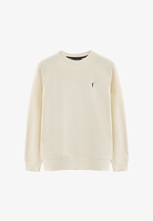 Hellbeiges Sweatshirt mit Rundhalsausschnitt, gerippten Bündchen und Saum. Ein kleines navyfarbenes Logo ist auf der linken Brust aufgestickt. Glatte Textur.