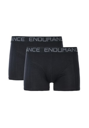 Sorte boxer briefs fremstillet af blødt stof med et grå elastisk bælte, der har ordet "ENDURANCE" gentaget. Enkel, funktionel design.
