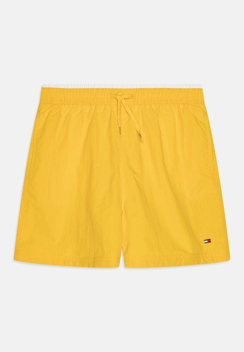 Gule badeshorts lavet af letvægtigt materiale, med elastisk talje og snøre samt en lille logo detalje ved kanten.
