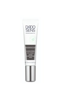 DADO SENS eye cream tube, 15 ml, features a white and silver design with a textured cap. Text includes “Regeneration” and product details.