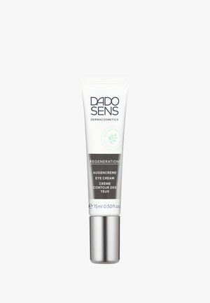 DADO SENS eye cream tube, 15 ml, features a white and silver design with a textured cap. Text includes “Regeneration” and product details.