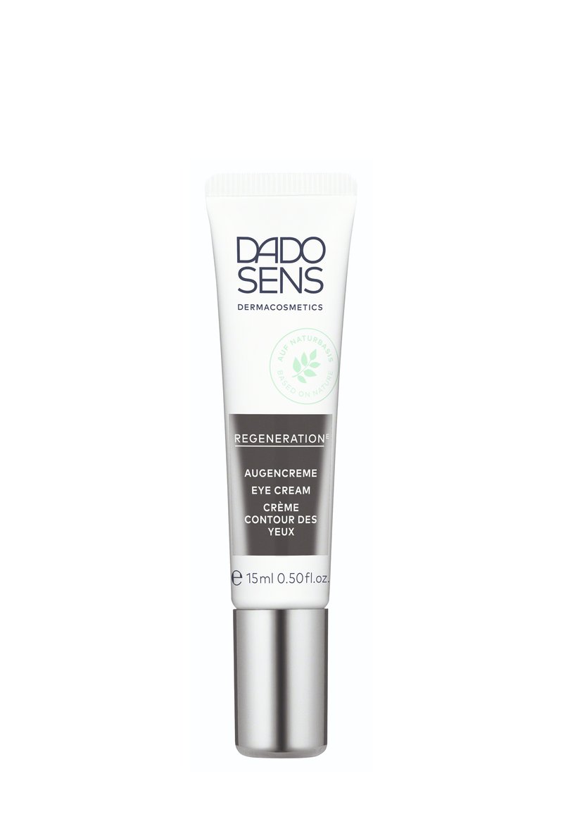 DADO SENS eye cream tube, 15 ml, features a white and silver design with a textured cap. Text includes “Regeneration” and product details.