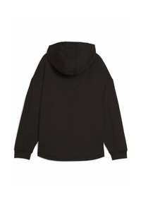 Sudadera negra con una textura suave, mangas largas y una capucha grande. Presenta un ajuste holgado y sin hardware o patrones visibles.