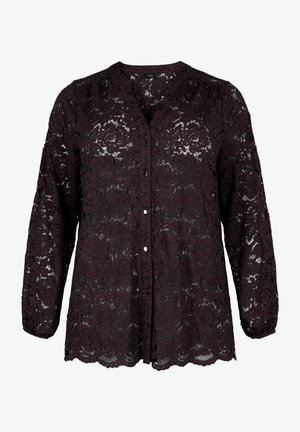 Zwarte kanten blouse met lange mouwen, bloemenpatroon, knoopsluiting aan de voorkant en een geschulpte zoom, semi-transparant design.