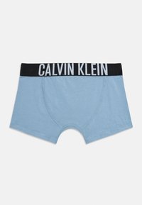 Lyseblå herreboxershorts med sort linning som har stor hvit "CALVIN KLEIN" branding, vist flatt på en hvit bakgrunn.