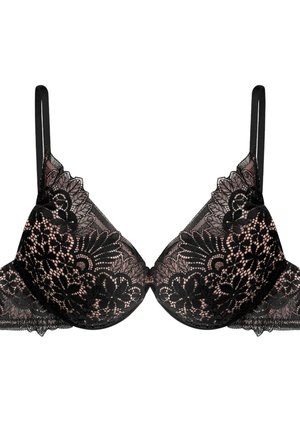 Schwarzer Spitzen-BH mit floralem Muster und gewellten Kanten. Verfügt über Bügel und verstellbare Träger, mit einem glatten rosa Innenfutter.