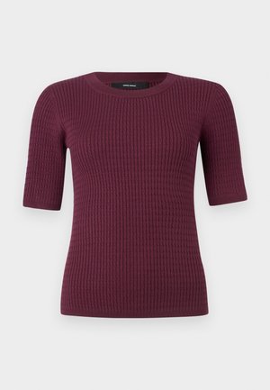 Short-sleeve top in deep burgundy, featuring a ribbed texture and round neckline. Made of soft fabric, designed for comfort and fit.