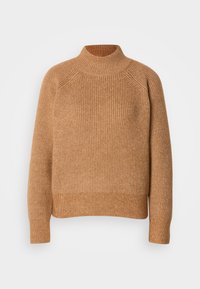 Pulover tricotat cu guler înalt în nuanță de maro deschis. Are textură cu nervuri, mâneci lungi și o margine de jos ajustată. Design simplu și clasic.