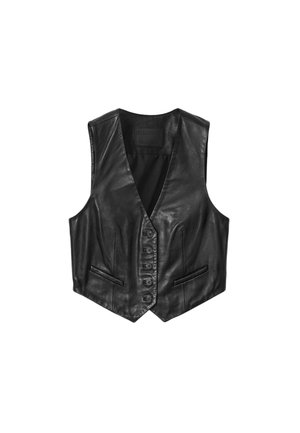 Crna kožna prsluk bez rukava s pet dugmadi sprijeda i dva mala ukopčiva džepa sa svake strane.