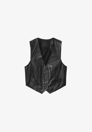 Crna kožna prsluk bez rukava s pet dugmadi sprijeda i dva mala ukopčiva džepa sa svake strane.