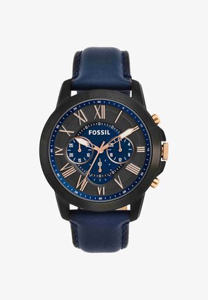 Montre-bracelet pour homme Fossil avec bracelet en cuir bleu, boîtier noir, cadran bleu, chiffres romains en or rose, trois sous-cadrans et fonction chronographe.