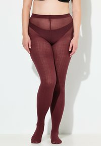 Burgundowe rajstopy we wzory z teksturowanym wzorem dzianiny, przezroczystym panelem w talii oraz gładkim wykończeniem od talii aż po palce.