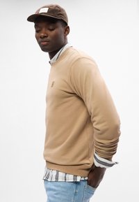 Felpa beige con collo a giro e un piccolo logo, abbinata a una camicia a righe. Indossata con un cappellino marrone. Mostrata su uno sfondo semplice.