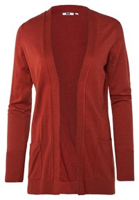 Pletený kardigan v rezavé barvě s otevřeným předním dílem, dlouhými rukávy, žebrovanými manžetami a dvěma předními kapsami. Měkká textura, bez zapínání.