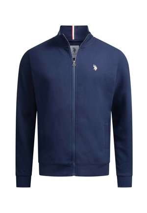 Navy blue zip-up jacket with a high collar, ribbed accents, side pockets, and a small logo on the chest. Soft fabric texture.