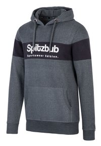 Grauer Hoodie mit einem schwarzen Streifen, auf dem der Text "Spitzbub Sportswear Edition" steht. Enthält eine Fronttasche und verstellbare Kordeln.