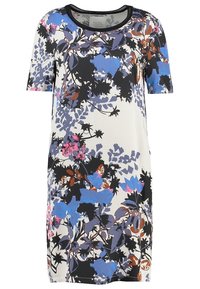 Vestido floral de manga corta con base crema y estampado de hojas en azul, rosa y negro. Cuello redondo y corte relajado. Fabricado en tejido ligero.