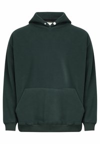 Mørkegrøn fleece hoodie med en frontkangaroo-lomme, ribbede ærmer og bund. Har en hætte med snoretræk og trykknapper ved halsen.