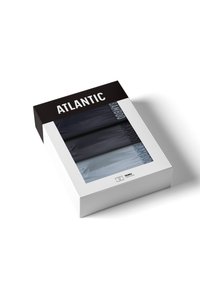 Zestaw trzech męskich majtek z tkaniny bambusowej w kolorze czarnym i szarym, umieszczony w białym i czarnym pudełku marki ATLANTIC z przezroczystym oknem.